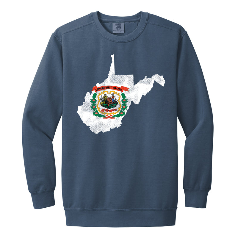 West Virginia Distressed State Flag Outline CC Crewneck - Blue Jean