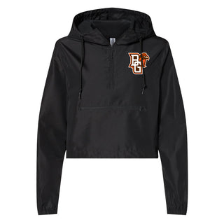 BGSU Primary Logo Women's Lightweight 1/4-Zip Pullover Crop Windbreaker - Black