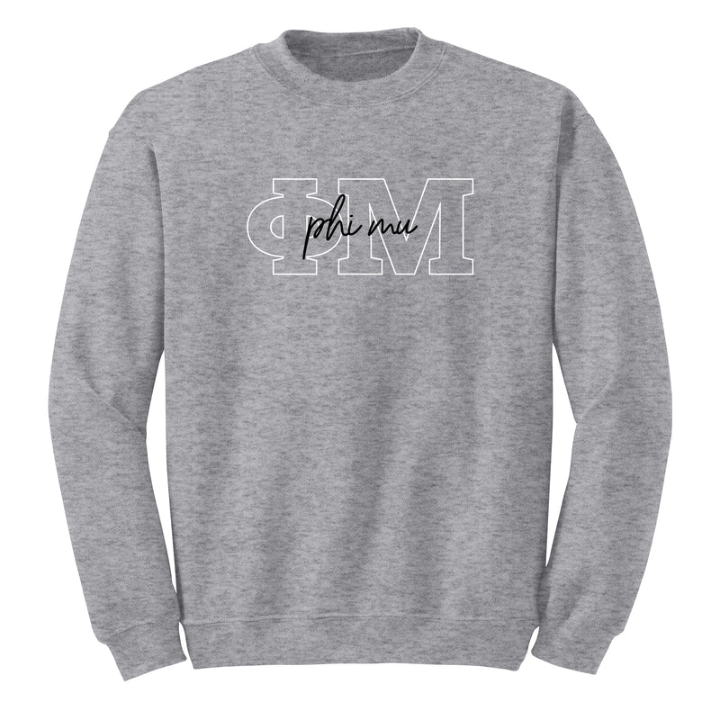 Phi Mu Greek Outline Overlay Crewneck Sweatshirt - Sport Grey