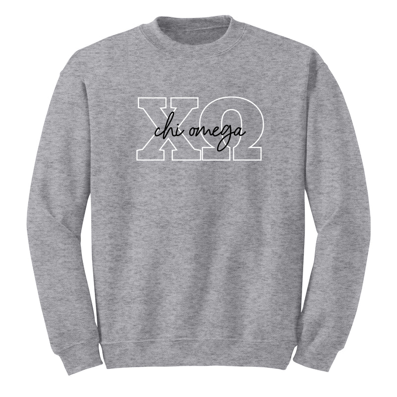 Chi Omega Greek Outline Overlay Crewneck Sweatshirt - Sport Grey