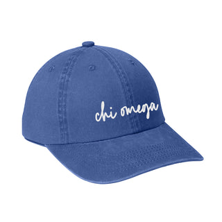 Chi Omega Greek Script Ladies Garment Washed Hat - Faded Blue