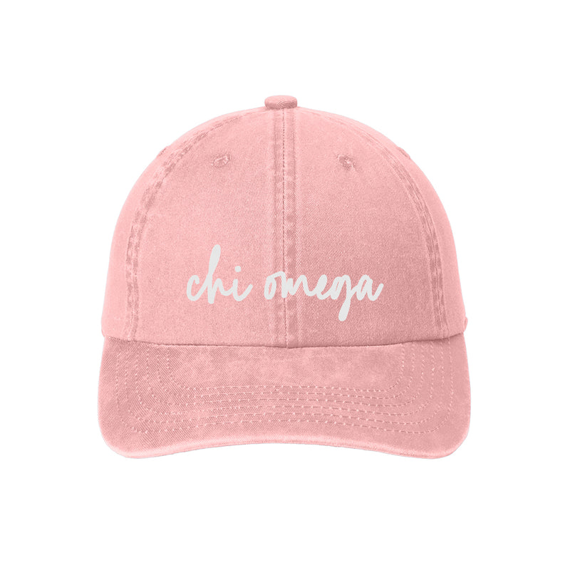 Chi Omega Greek Script Ladies Garment Washed Hat - Light Pink