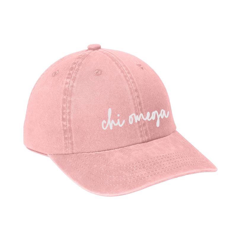 Chi Omega Greek Script Ladies Garment Washed Hat - Light Pink