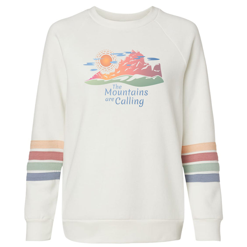 VA Mountains Calling Women's Striped Sleeves Crewneck Sweatshirt - Ivory