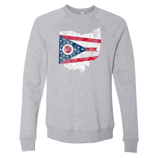 Ohio Distressed State Flag Outline Sponge Fleece Raglan Crewneck - Athletic Heather