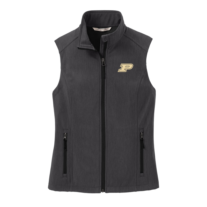 Purdue Boilermakers Primary Logo Ladies Core Soft Shell Vest - Black Charcoal Heather