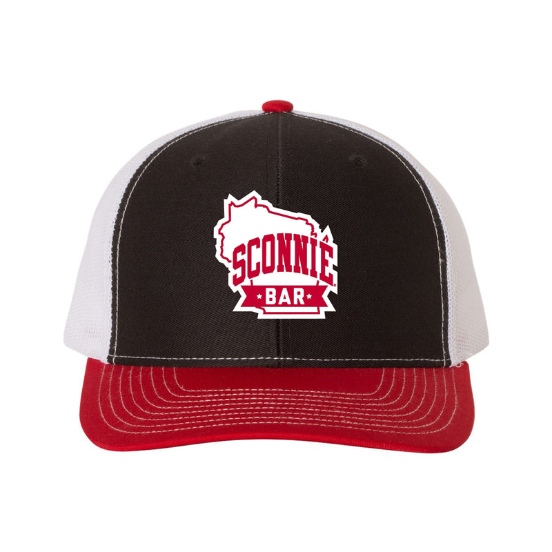 Sconnie Bar Snap Back Trucker Cap - Black/White/Red