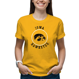 University of Iowa Hawkeyes Distressed Circle Logo Short Sleeve T Shirt - Gold