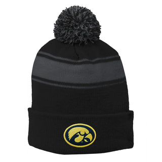 Iowa Oval Logo Patch Pom Pom Beanie - Black/Iron Grey