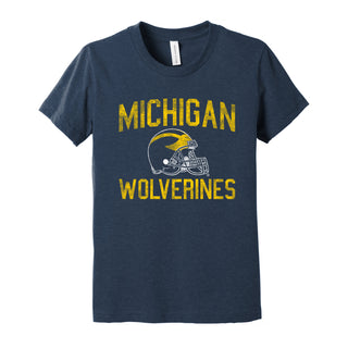 Michigan Faded Football Helmet CVC Jersey Youth T-Shirt - Heather Midnight Navy