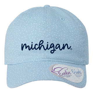 Michigan Pretty Script EMB Women's Fashion Print Cap - Light Blue/White Polka Dots