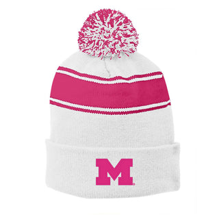 Michigan Primary Logo Stripe Pom Pom Beanie - White/Pink Raspberry