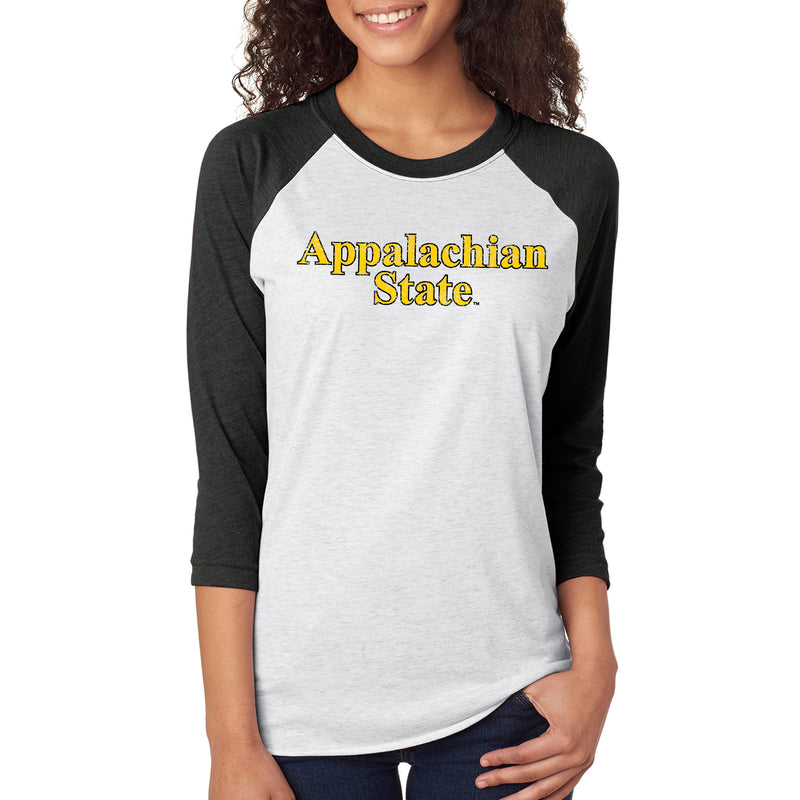 Appalachian State Distressed Wordmark NLA Raglan 3/4 Sleeve T Shirt - Heather White/Vintage Black