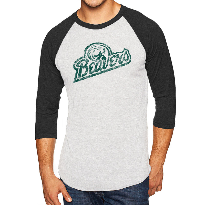 Bemidji State Beavers Script Logo 3/4-Sleeve Raglan - Htr White/Vtg Black