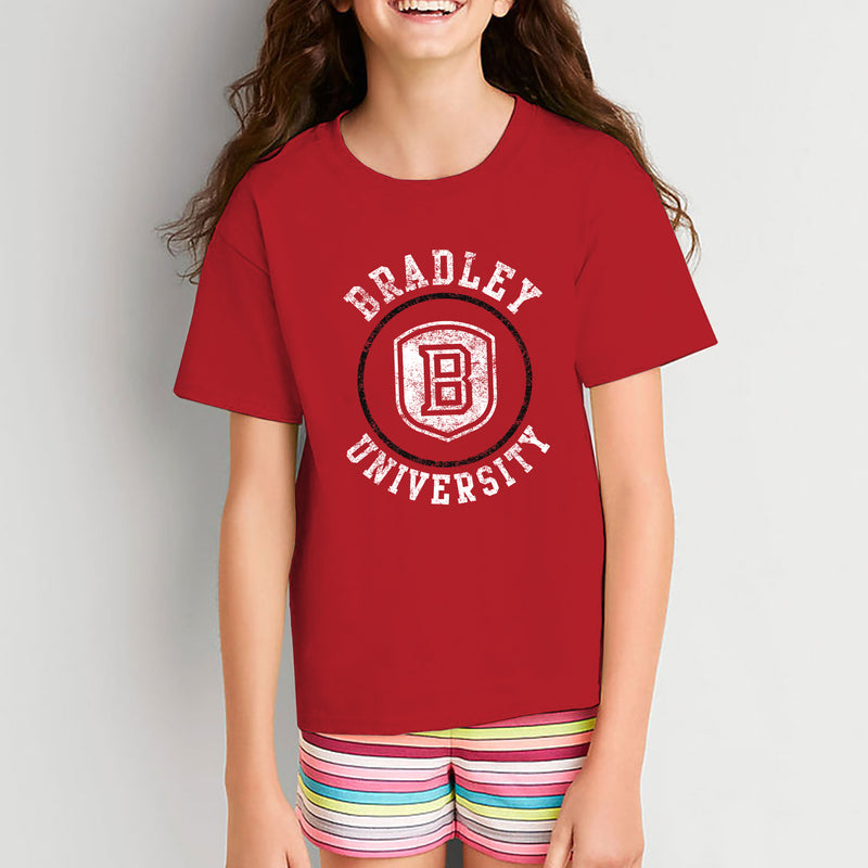 Bradley University Braves Distressed Circle Logo Basic Cotton Short Sleeve Youth T Shirt - Red