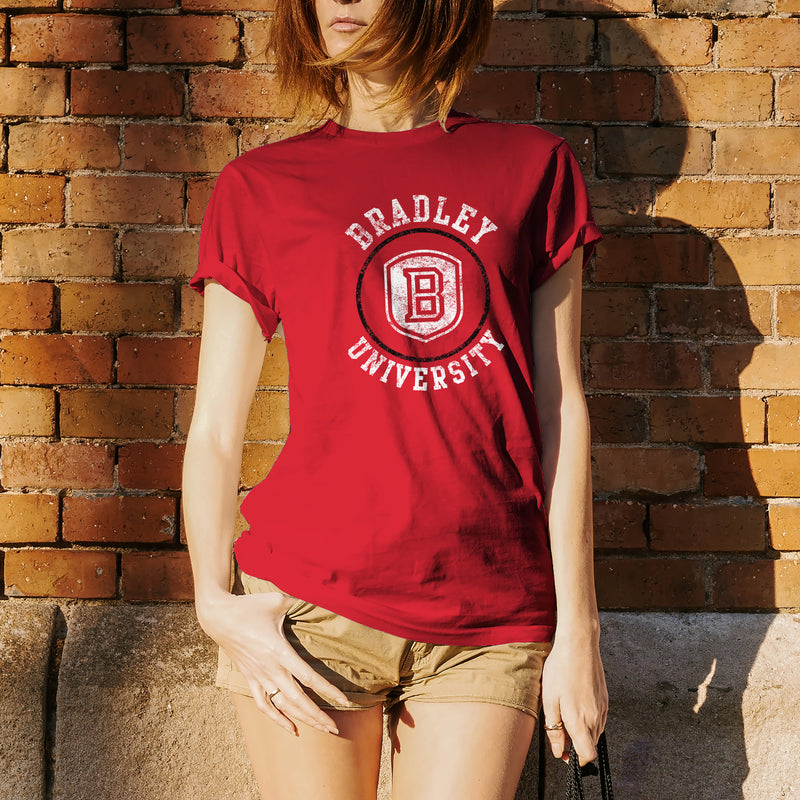 Bradley University Braves Distressed Circle Logo Basic Cotton Short Sleeve T Shirt - Red