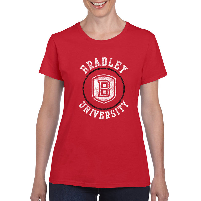 Bradley University Braves Distressed Circle Logo Basic Cotton Short Sleeve Women's T Shirt - Red
