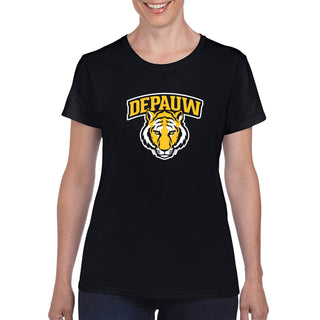 DePauw University Tigers Arch Logo Women's Short Sleeve T Shirt - Black