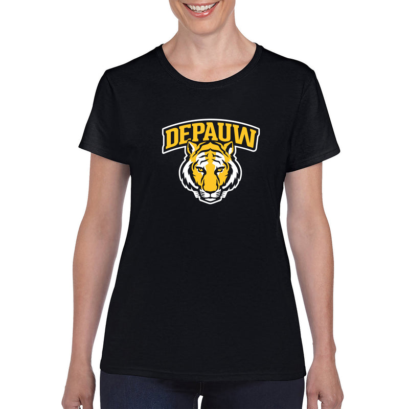 DePauw University Tigers Arch Logo Women's Short Sleeve T Shirt - Black