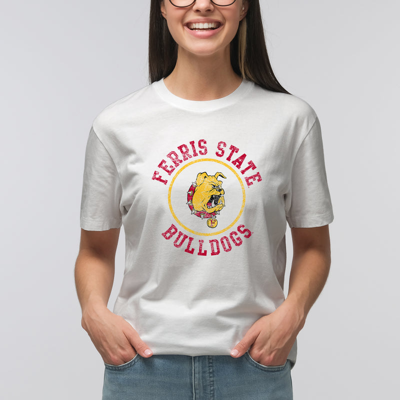 Ferris State Bulldogs Distressed Circle Logo T Shirt - White