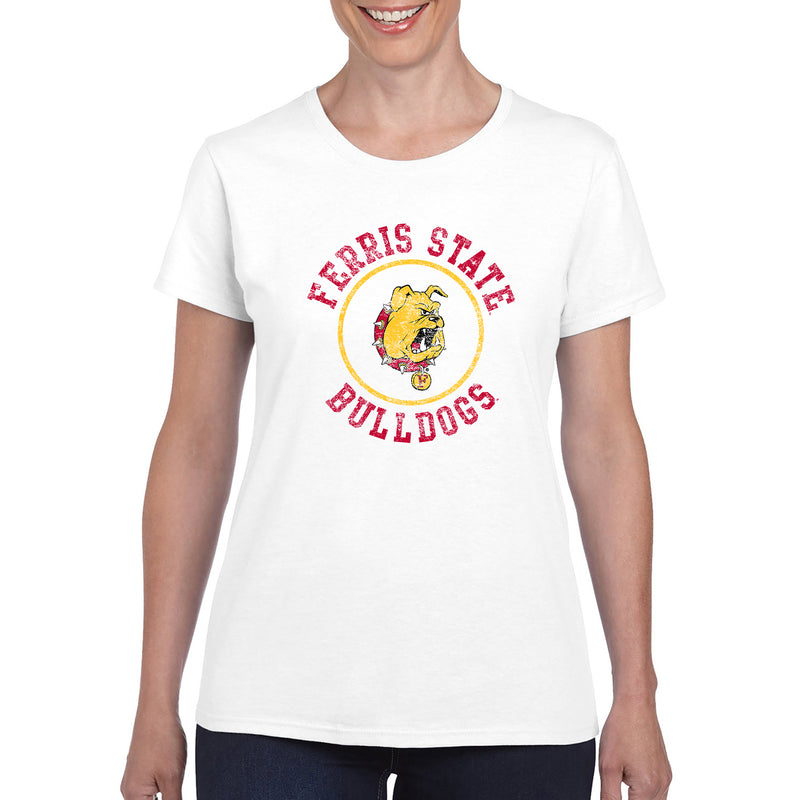 Ferris State Bulldogs Distressed Circle Logo Women's T Shirt -  White