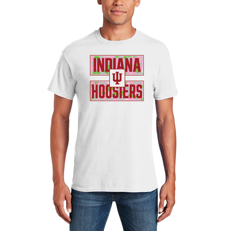 Indiana University Hoosiers Hibiscus Pattern Blocks Basic Cotton Short Sleeve T Shirt - White