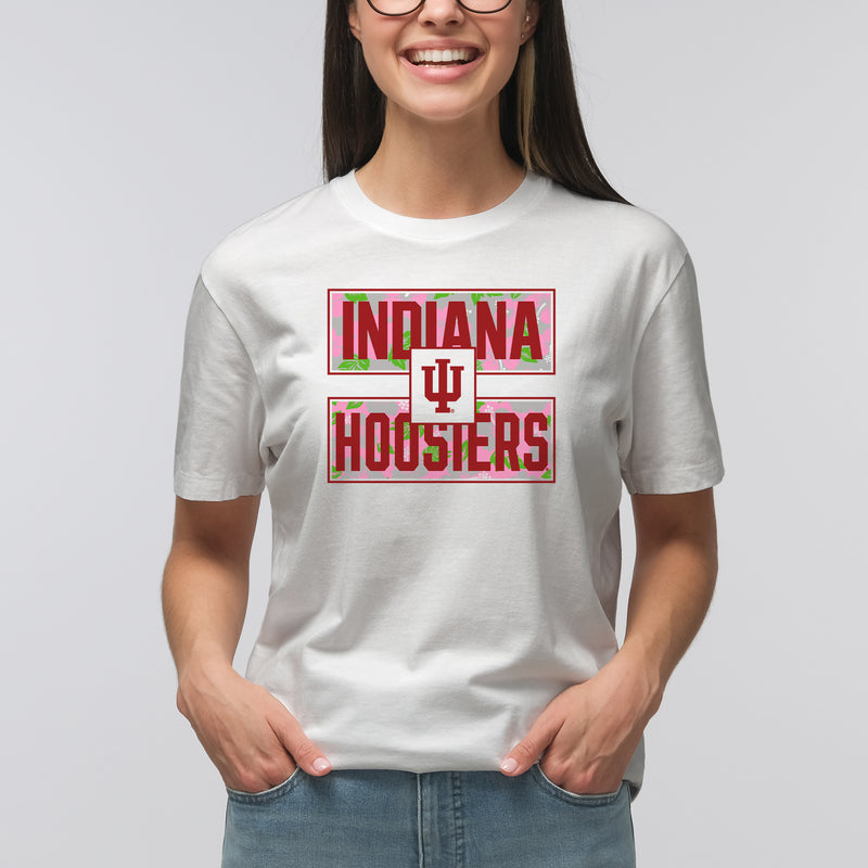 Indiana University Hoosiers Hibiscus Pattern Blocks Basic Cotton Short Sleeve T Shirt - White