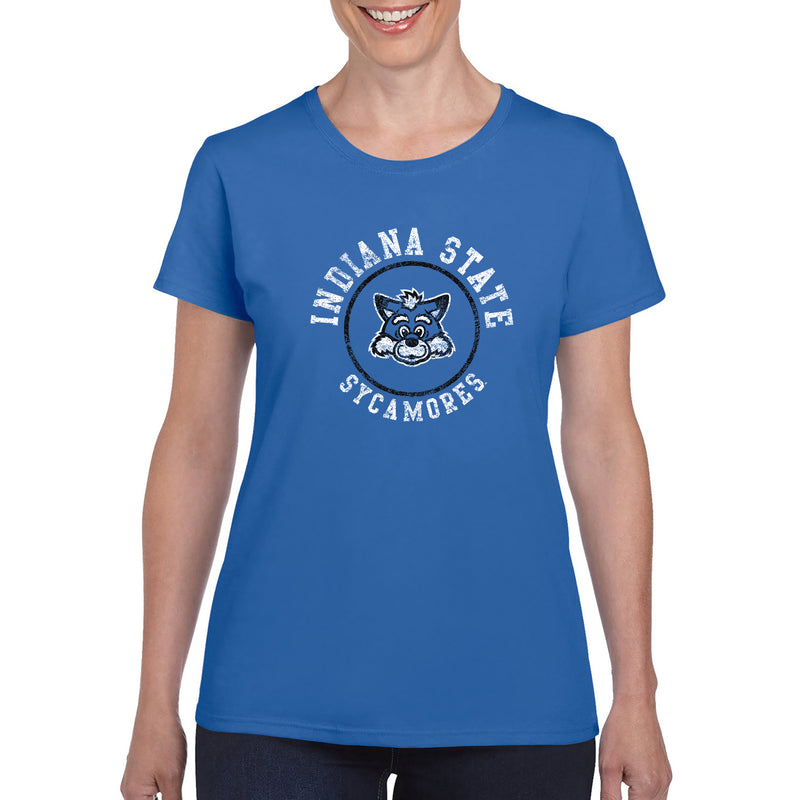 Indiana State University Sycamores Distressed Circle Logo Women's T Shirt - Royal