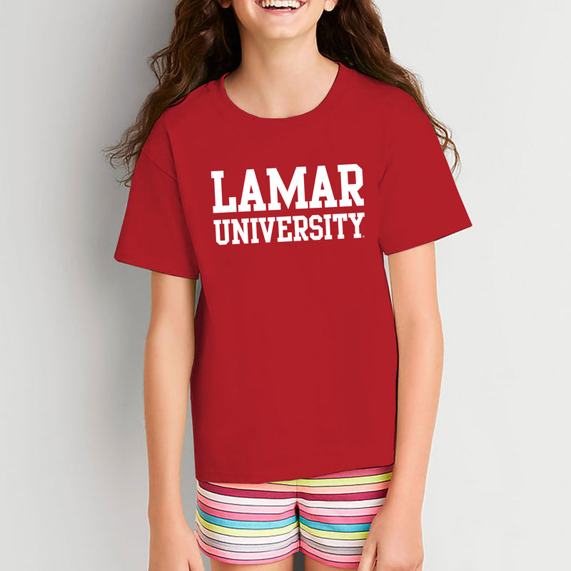 Lamar University Cardinals Basic Block Short Sleeve Youth T Shirt - Red