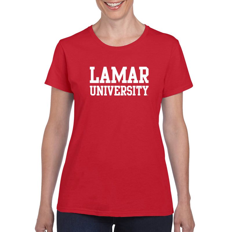 Lamar University Cardinals Basic Block Short Sleeve Womens T Shirt - Red