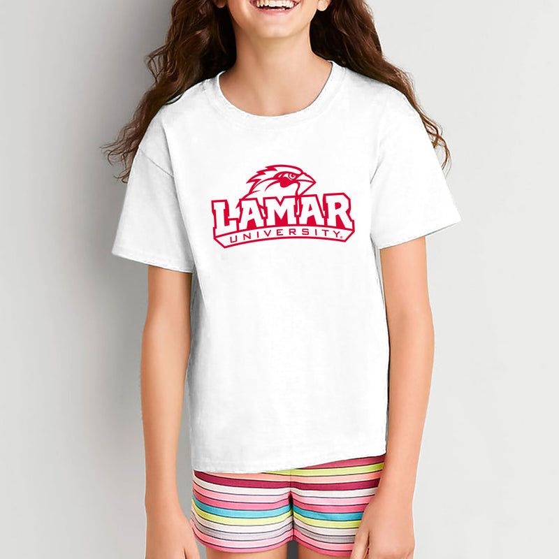 Lamar University Cardinals Arch Logo Short Sleeve Youth T Shirt - White