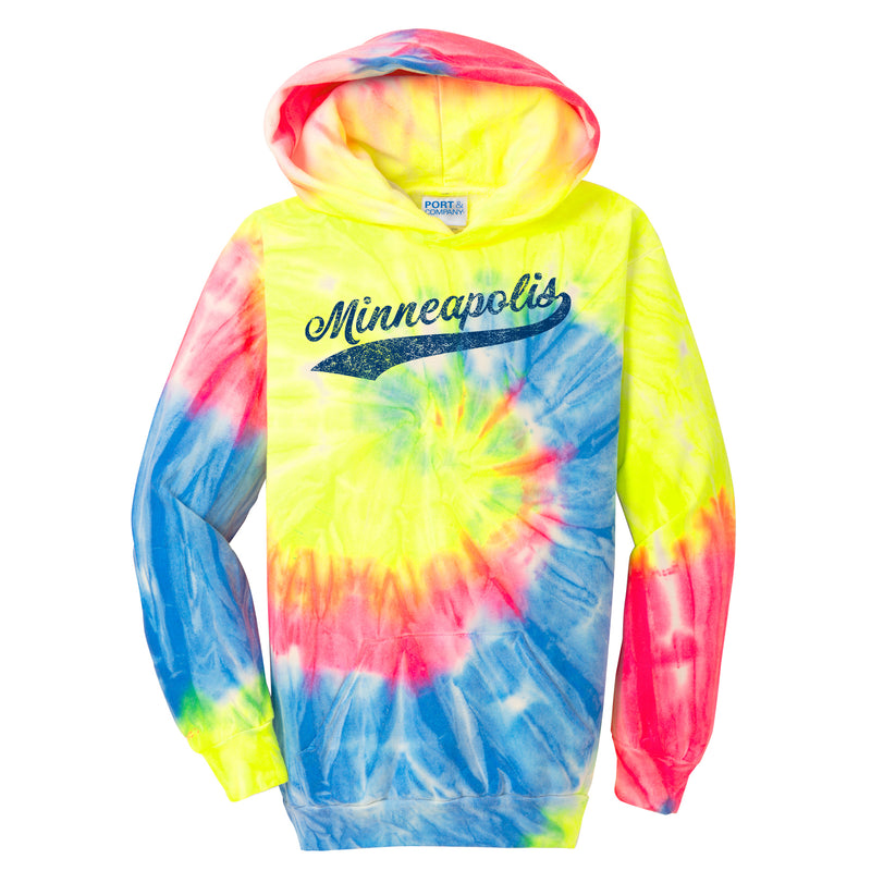 Minneapolis Baseball Script Youth Hoodie - Neon Rainbow