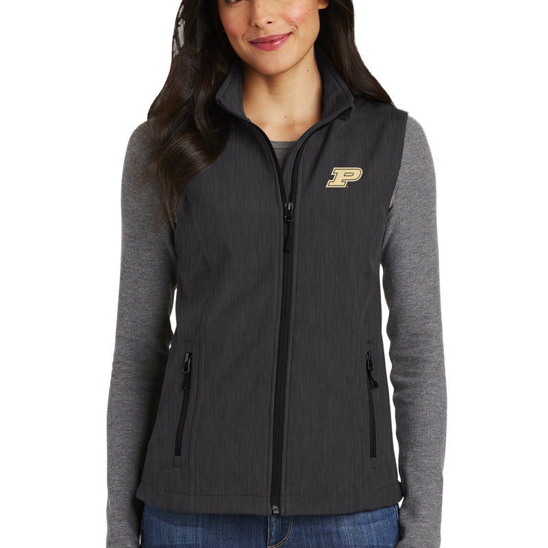 Purdue Boilermakers Primary Logo Ladies Core Soft Shell Vest - Black Charcoal Heather