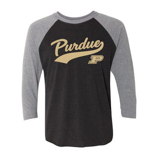 Purdue University Boilermakers Baseball Jersey Script Next Level Raglan - Vintage Black/Premium Heather