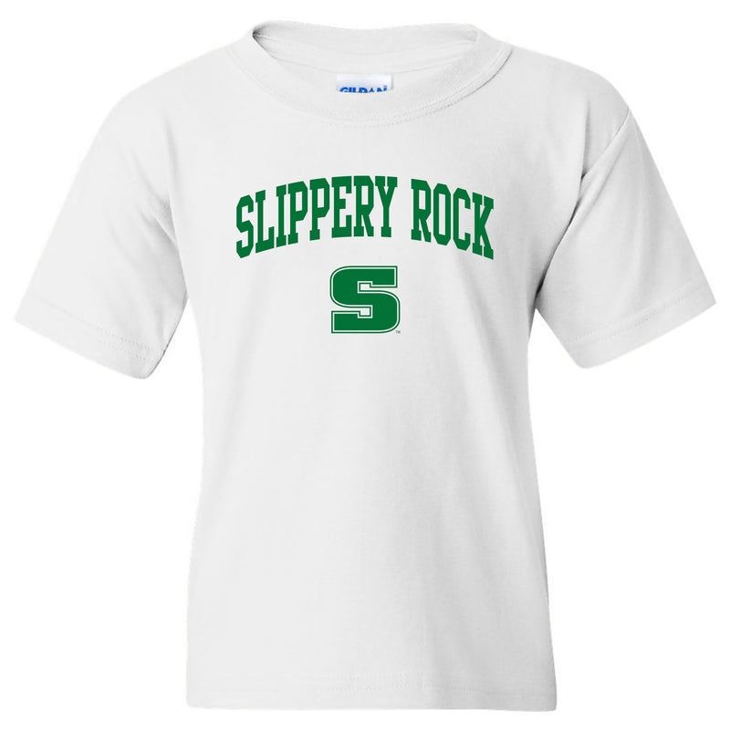 Slippery Rock University The Rock Arch Logo Short Sleeve Youth T Shirt - White