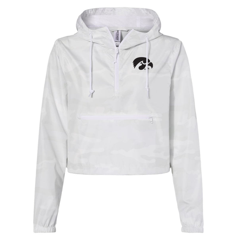 Iowa Primary Logo Womens Lightweight 1/4 Zip Pullover Crop Windbreaker - White Camo