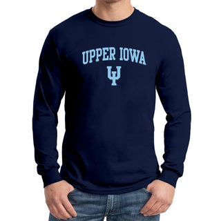 Upper Iowa University Peacocks Arch Logo Basic Cotton Long Sleeve T Shirt - Navy