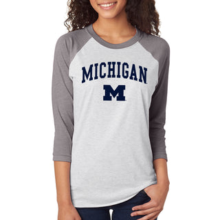 Michigan Wolverines Arch Logo 3/4-Sleeve Raglan - Htr White/Prem Htr