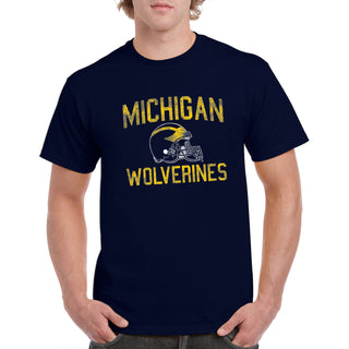 University of Michigan Wolverines Faded Football Helmet Basic Cotton Short Sleeve T Shirt - Navy