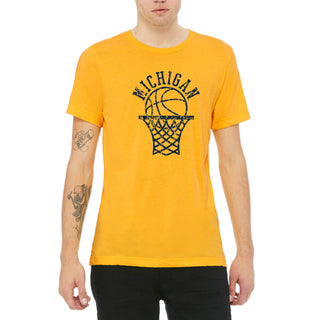 University of Michigan Wolverines Retro Basketball Hoop Canvas Triblend Short Sleeve T Shirt - Yellow Gold