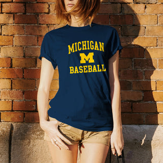 Arch Logo Baseball University of Michigan Basic Cotton Short Sleeve T Shirt - Navy