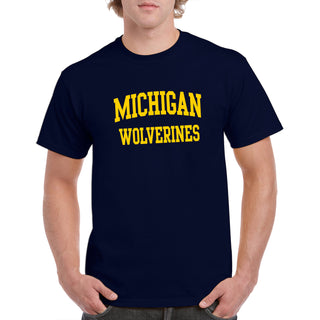 Front Back Print University of Michigan Basic Cotton Short Sleeve T Shirt - Navy