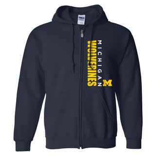 Vertical Block Left Chest University of Michigan Heavy Blend Zip Hoodie - Navy