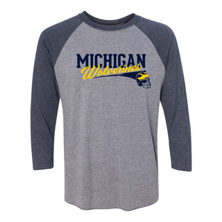 Varsity Script Helmet University of Michigan Next Level Triblend Raglan T Shirt - Premium Heather / Vintage Navy