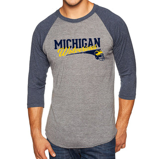 Varsity Script Helmet University of Michigan Next Level Triblend Raglan T Shirt - Premium Heather / Vintage Navy