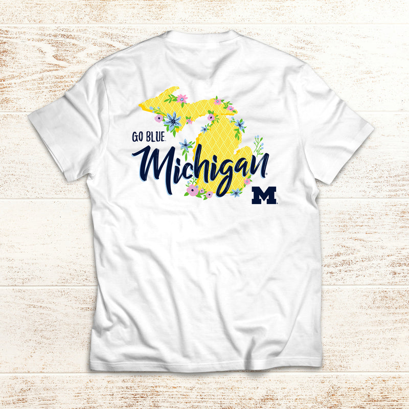 Floral State University of Michigan Comfort Colors Heavyweight Ringspun Short Sleeve T Shirt - White