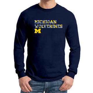 University of Michigan Wolverines Patchwork Cotton Long Sleeve T Shirt - Navy