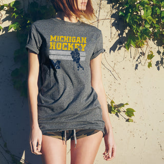 University of Michigan Retro Hockey Basic Cotton Short Sleeve T Shirt - Graphite Heather