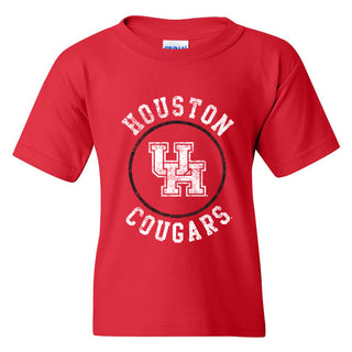 University of Houston Cougars Distressed Circle Logo Heavy Cotton Short Sleeve Youth T Shirt - Red