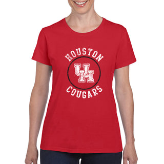 University of Houston Cougars Distressed Circle Logo Basic Cotton Short Sleeve Women's T Shirt - Red